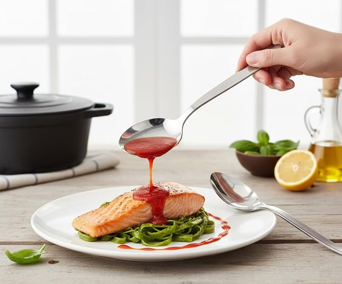 2-Pack Chef Kunz Sauce Spoon | Silverware 18/10 Stainless Steel Silver Culinary Serving Spoons | 9 Inch Basting, Quenelle, Dinner, Plating, Chef Cooking Spoon | Dishwasher safe