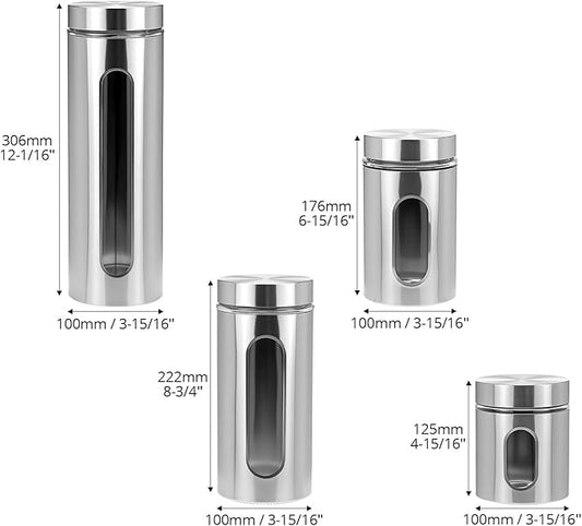 QWORK 4pc Stainless Steel Canister Set with Airtight Lids and Glass Window - Food Storage Containers for Kitchen Counter & Pantry Organization