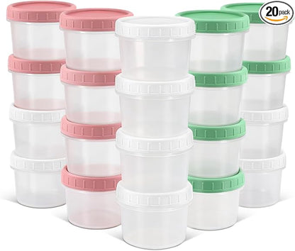 DEMORA 6 oz Small Plastic Containers with Twist on Lids [20 Sets], Stackable Little Food Storage Containers for Snack Lunch Meal Prep Salad Dressings, Freezer/Microwave/Dishwasher Safe, BPA Free
