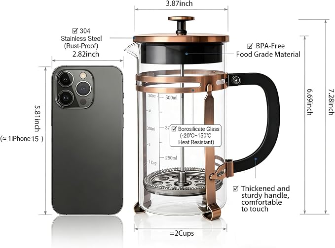 21oz French Press Coffee Maker, Thickened Borosilicate Glass & 304 Stainless Steel Double Mesh Filter. Cold Brew & Tea Brewer for Travel Camping, Kitchen Decor, Bar Accessories Gift (Copper)