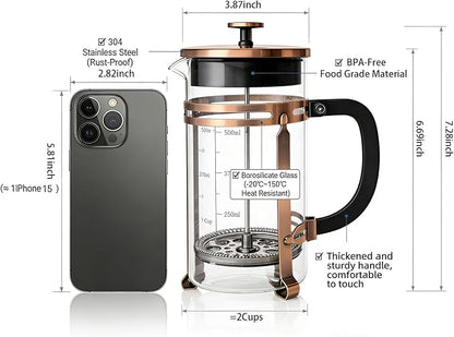 21oz French Press Coffee Maker, Thickened Borosilicate Glass & 304 Stainless Steel Double Mesh Filter. Cold Brew & Tea Brewer for Travel Camping, Kitchen Decor, Bar Accessories Gift (Copper)