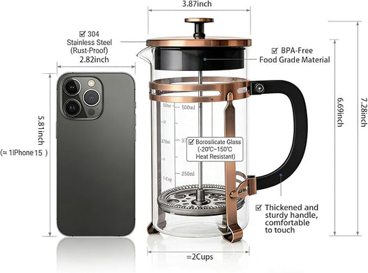 21oz French Press Coffee Maker, Thickened Borosilicate Glass & 304 Stainless Steel Double Mesh Filter. Cold Brew & Tea Brewer for Travel Camping, Kitchen Decor, Bar Accessories Gift (Copper)