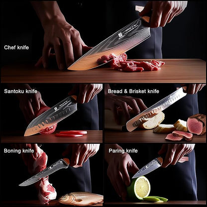 5-Piece Damascus Chef Knife Set: High Carbon Stainless Steel, Professional Ultra Sharp Kitchen Knife Set with Ergonomic Black Handle - Chef/Santoku/Paring/Bread/Brisket/Boning Knives in Gift Box
