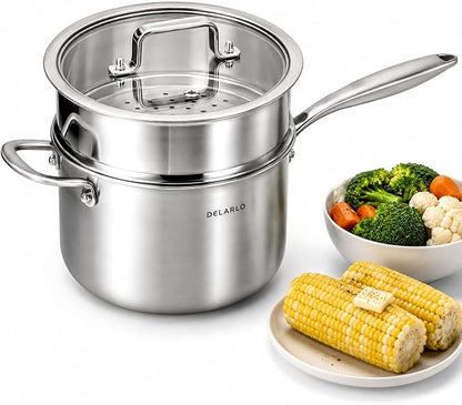 DELARLO Tri-Ply Whole-Clad Stainless Saucepan 3.5 Quart Steamer Set With Glass Lid, Ergonomic Handle, Vegetable Steamer, Steamer for Cooking, Multipurpose Sauce Pan, Kitchen Sauce Pot, Oven Safe