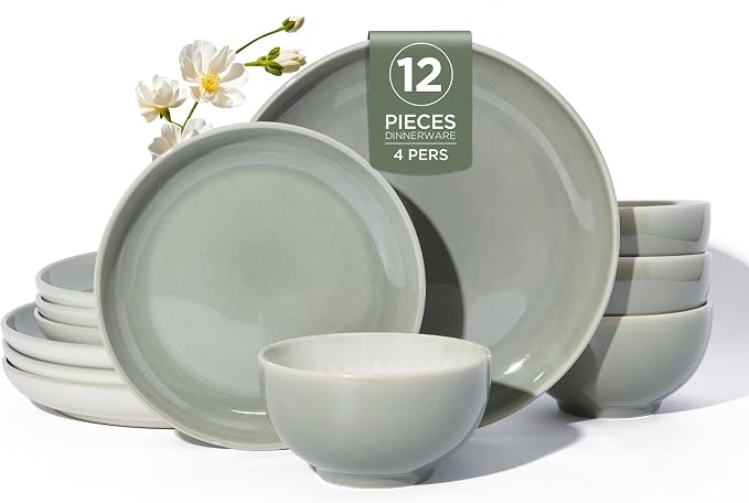 Pokini Stoneware Dinnerware Sets, Ceramic Plates and Bowls Set, Microwave & Dishwasher Safe Kitchen Dish Set, Modern Dinner Salad Plates | Cereal Bowls for 4, Dishware Sets Gray Green