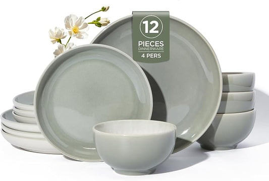 Pokini Stoneware Dinnerware Sets, Ceramic Plates and Bowls Set, Microwave & Dishwasher Safe Kitchen Dish Set, Modern Dinner Salad Plates | Cereal Bowls for 4, Dishware Sets Gray Green