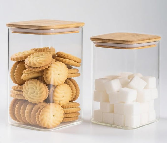 Glass Food Storage Jars with Airtight Lids, Clear Glass Jar with Bamboo Lid, Airtight Food Canister for Tea, Candy, Coffee, Sugar, Cookie, Snack. (Square | 5+6 Inch | 38+20 oz)