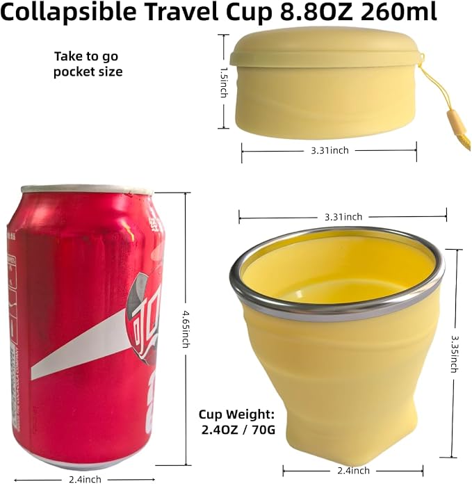 Collapsible Cup, 8.8oz 260ml Foldable Travel Mini Coffee Mug, BPA Free Silicone Water Cup and Lid with Stainless Steel Rim, Portable Pocket Cup for Outdoor, Hiking, Camping & Kids （Yellow）