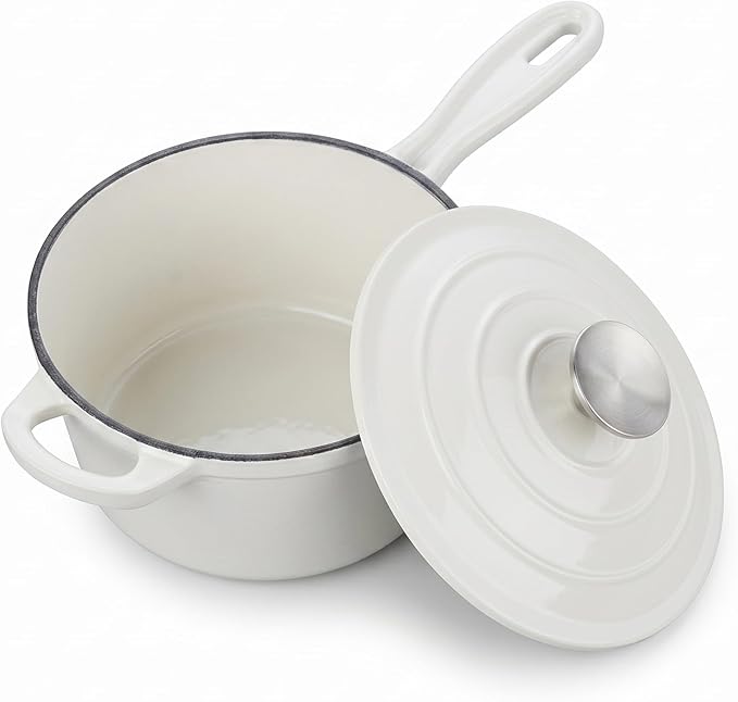Homikit Small Cast Iron Pot, 1 Quart Enameled Cast Iron Sauce Pan with Lid, Heavy Duty Enamel Dutch Oven Kitchen Cookware for Making Pasta, Boiling Soup, Warming Milk, Nonstick & Oven Safe, White