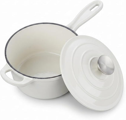 Homikit Small Cast Iron Pot, 1 Quart Enameled Cast Iron Sauce Pan with Lid, Heavy Duty Enamel Dutch Oven Kitchen Cookware for Making Pasta, Boiling Soup, Warming Milk, Nonstick & Oven Safe, White