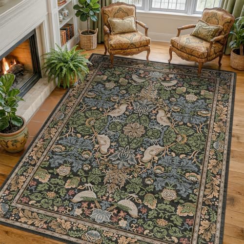 Hazo Haus Vintage Floral Area Rug 5x7 for Living Room - Dark Green Forest Bird Rugs for Bedroom, Dining Room, Office, Non Slip Stain Resistant Low Pile