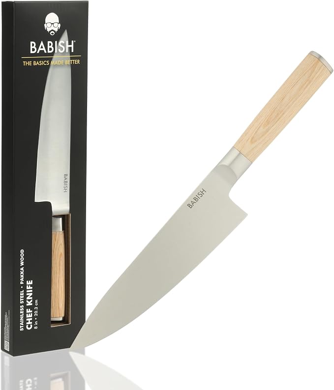 Babish 8-Inch Chef Knife – High-Carbon 1.4116 German Steel Kitchen Knife with Light Pakka Wood Handle, Full-Tang Razor Sharp Chef’s Blade for Chopping, Slicing, Dicing & Everyday Prep