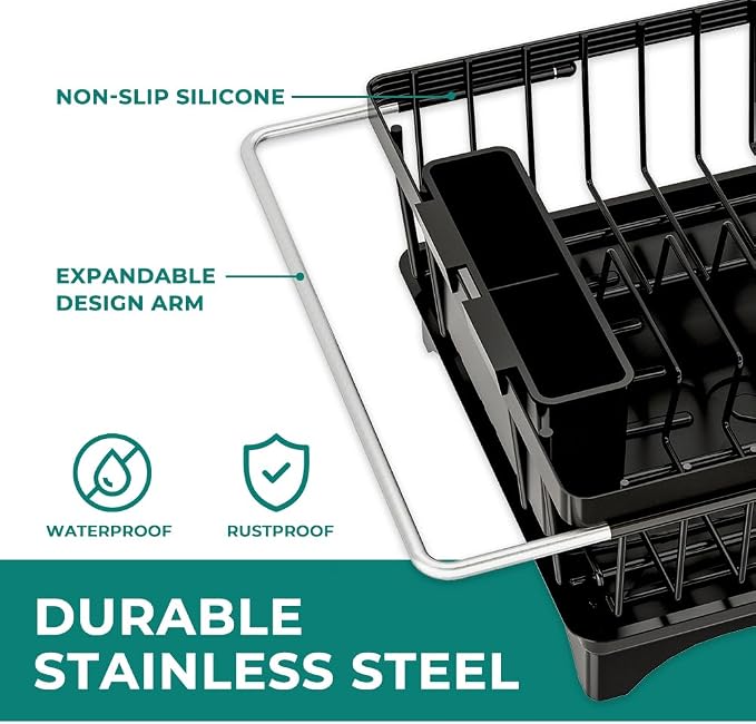 Small Dish Drying Rack in Sink, Expandable Stainless Steel Dish Drainers for Kitchen Counter, with Drain Board & Utensil Holder(Black)