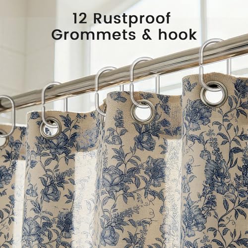 Farmhouse Blue Floral Shower Curtain with 12 Clear Rings 72"W x 84"L