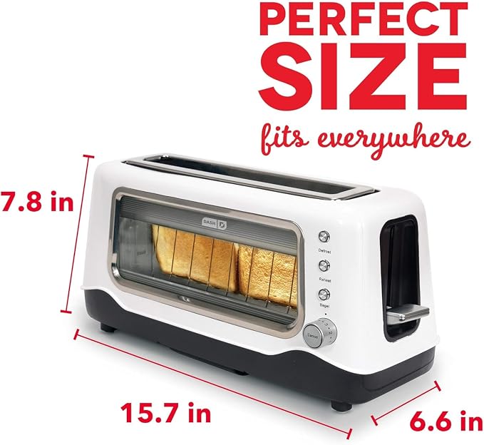 Dash Clear View Toaster, 10.5" Long Slot 2 Slice Toaster with See-Through Glass Window, 7 Browning Levels, Bagel, Defrost & Reheat Functions, Removable Glass Panel, Crumb Tray - White