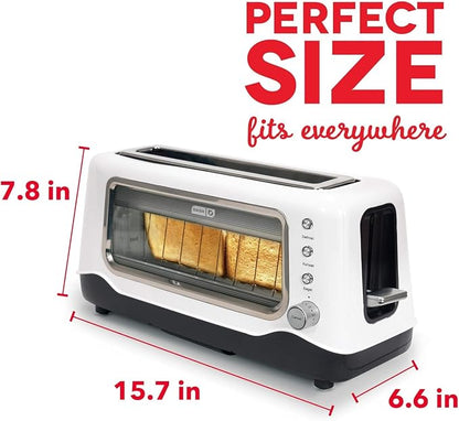 Dash Clear View Toaster, 10.5" Long Slot 2 Slice Toaster with See-Through Glass Window, 7 Browning Levels, Bagel, Defrost & Reheat Functions, Removable Glass Panel, Crumb Tray - White