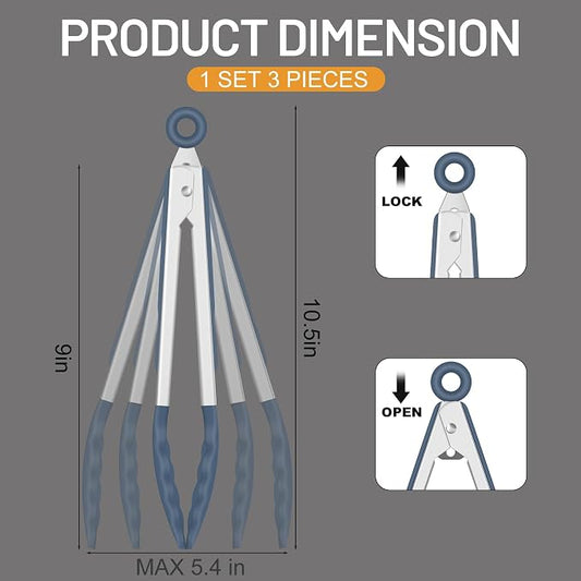 Hotec Silicone Kitchen Tongs for Cooking 9-Inch, Set of 3, Neutral | Serving Tongs with Silicone Tips, heat resistance 600°F, Durable Spring Locking Mechanism
