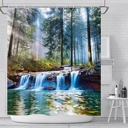 Waterfalls Shower Curtains Outdoor Natural Scenery Forest Sunshine Tree Plant Landscape Courtyard Bathroom Decor Polyester Fabric Curtain Set 60 x 70 Inch with Hooks