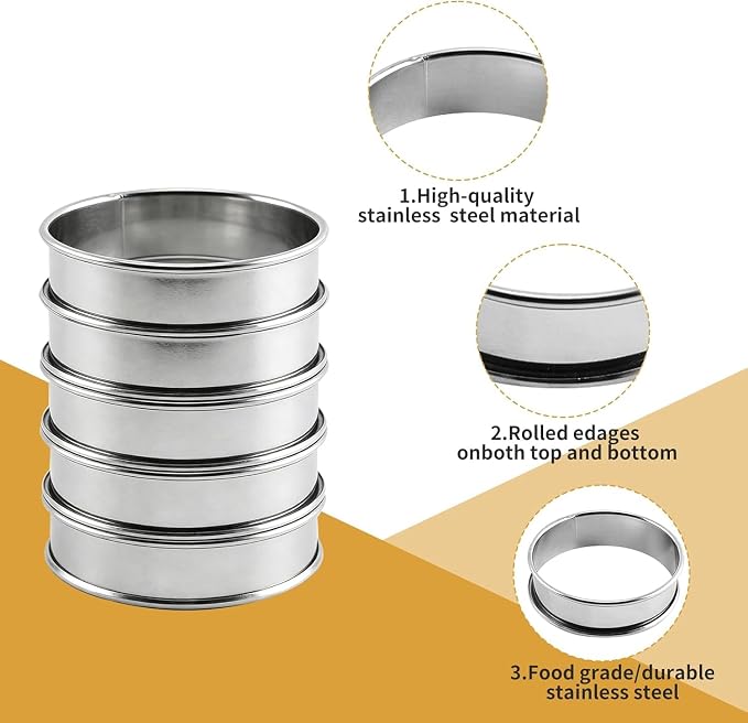RICHSC-PAN Crumpet Rings, 16Pack Cookie Ring, Outer diameter 3.2Inch+2.1Inch Food-Grade Stainless Steel Tart Rings. More Convenient to Take the Food of The Bakery Ring Mold.
