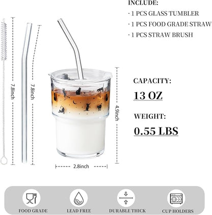Olvini 13oz Glass Tumbler with Straw and Lid, Reusable Iced Coffee Cup Tumbler, Cute Glass Cups for Water, Matcha, Travel Coffee Mugs (Black Cat - 13oz)