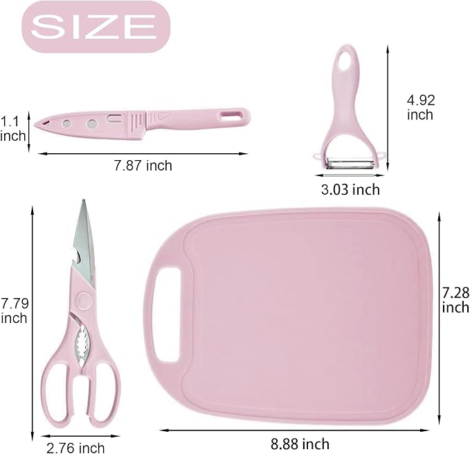Magicorange Travel Cutting Board Set, 4 Pcs Portable Mini Camping Plastic Cutting Board Set & Stainless Steel Knife with Sheath, Fruits & Vegetable Peeler Scissors (Pink)