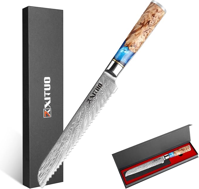 XITUO Damascus Serrated Bread Knife - VG10 Serrated Knife for Homemade Bread - Japanese Blue Resin & Wooden Handle - Slicer Knives for Sourdough Baguette - with Gift Box