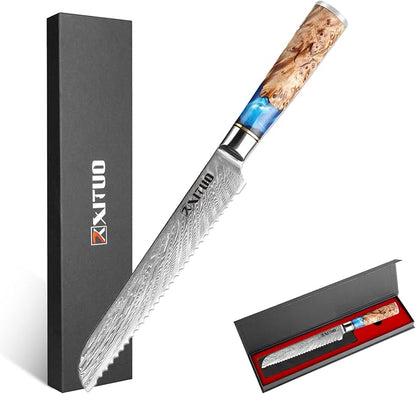 XITUO Damascus Serrated Bread Knife - VG10 Serrated Knife for Homemade Bread - Japanese Blue Resin & Wooden Handle - Slicer Knives for Sourdough Baguette - with Gift Box