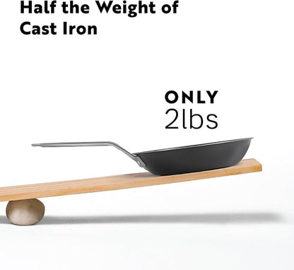 Tri Ply Carbon Steel 9.5" Frying Pan - Naturally Nonstick Nitrided Carbon Steel Pan Better than Cast Iron - Lightweight, Non Toxic Cookware, No Coatings - Induction Ready Skillet