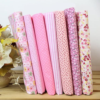 7Pcs Square Shape, Flower, Striped, Polka Dot Cotton Fabric for Sewing, 25x25cm Cotton Flower Polka Dot Bundle DIY Patchwork Quilt Cloth,Craft and Hobby Fabric (Pink)