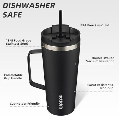 BJPKPK Insulated Tumbler with Handle, 22oz Insulated Tumblers with Lid and Straw, Stainless Steel Metal Water Bottles, Coffee Travel Mugs, Cups, Black
