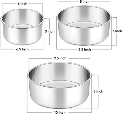 P&P CHEF 6 + 8 + 9.5 Inch Cake Pans Set, Round Baking Pan Stainless Steel Layer Birthday Wedding Cake Oven Pans, Non Toxic & Heavy Duty, Deep Side & Mirror Finish, Dishwasher Safe, (3Pcs)