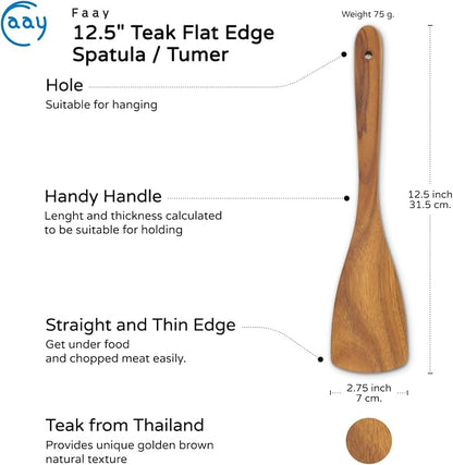 FAAY Teak Wooden Turner, Saute Paddle, Spatula, Compact - XL Size, Healthy and High Moist Resistance for Non Stick Cookware (12 Inch Flat Edge Spatula)
