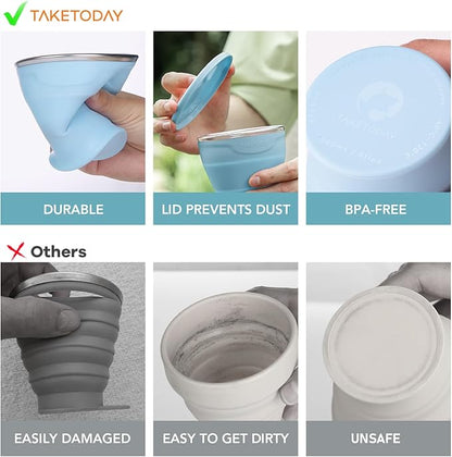 TakeToday 2PCS Collapsible Travel Cup 8 oz - Silicone Foldable Water Cup, BPA-Free with Lid & Waterproof Bag - Drinking Cup Set for Camping, Outdoors & International Travel（Blue & Lowcountry Peach）