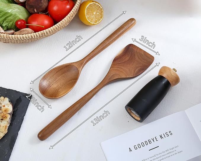 Wooden Cooking Spoon Utensils, 2pcs, Spoons Spatulas Set for Kitchen Cooking, Wood Scraper for Frying Scraping and Mixing, Nonstick Cookware Spatulas Spoon Gadget for Fried Flipping Turning Cooking