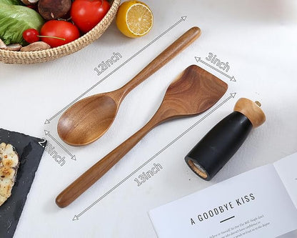 Wooden Cooking Spoon Utensils, 2pcs, Spoons Spatulas Set for Kitchen Cooking, Wood Scraper for Frying Scraping and Mixing, Nonstick Cookware Spatulas Spoon Gadget for Fried Flipping Turning Cooking