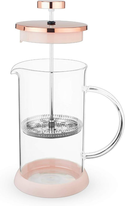 Pinky Up Riley Mini Glass Tea Press Pot, Coffee Maker, French Press for Loose Leaf Tea and Coffee, Hot or Iced Beverage Brewer, 12 oz, Pink