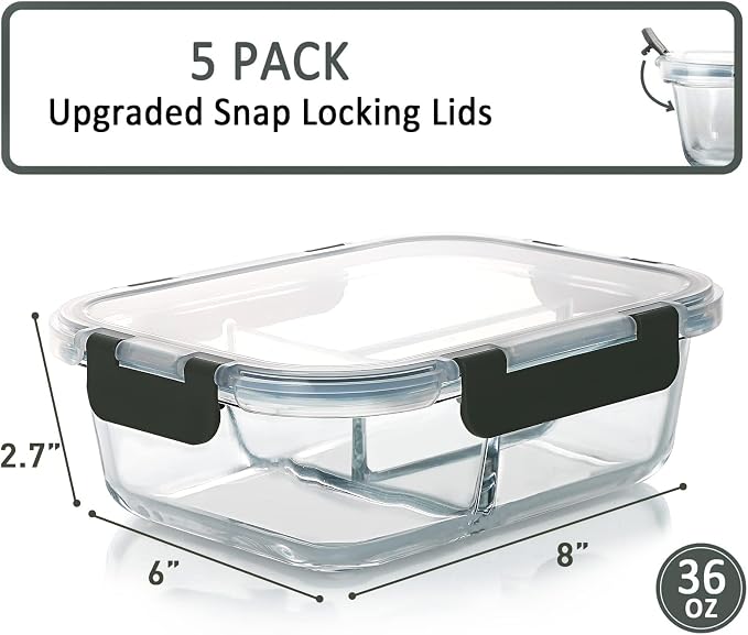 M MCIRCO 36 oz 3 Compartments Glass Meal Prep Containers set of 5 and 24Pcs Glass Food Storage Containers Set