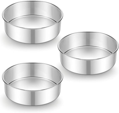 E-far 7 Inch Cake Pan Set of 3, Stainless Steel Round Baking Pans Tins for Layer Birthday Wedding Cakes, Dishwasher & Oven Safe, Healthy & Non-toxic, Leak Proof & Mirror Polished