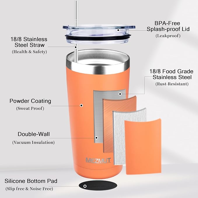 MEZMUT 20oz Tumbler Coffee Travel Mug with Daul Lid and Straw, Stainless Steel Double Wall Vacuum Spill Proof Insulated Tumbler, Hot or Iced Coffee Cups for Drinks (1Pack, Orange)