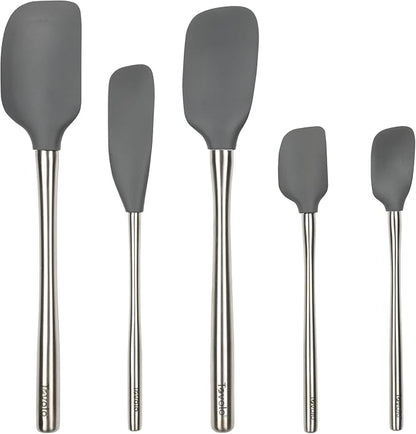 Tovolo Stainless Steel Handled Silicone Spatula Set of 5 Charcoal Gray, Dishwasher Safe Kitchen Spatula Set for Cooking Baking, Non Toxic BPA Free Silicone Spatula set with Metal Steel Handle