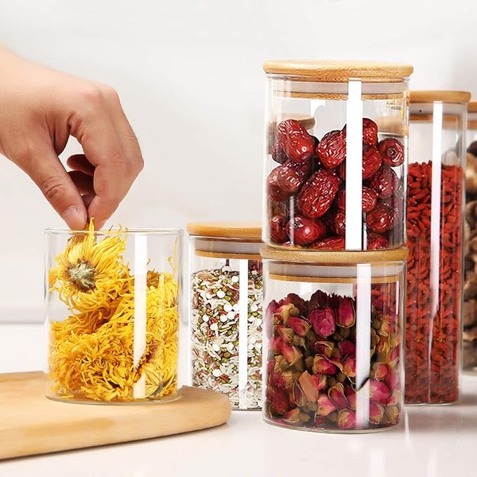 Yibaodan Glass Jars 9OZ, 12 Set with Bamboo Airtight Lids and Labels, Food Cereal Storage Large Spice Containers for Home Kitchen Tea Coffee Flour Herbs Grains