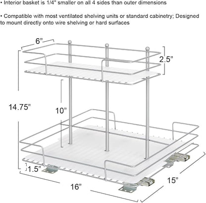 Household Essentials Glidez Steel Pull-Out/Slide-Out Storage Organizer with Plastic Liners for Under Sink or Wire Shelf Use - 2-Tier Design - Fits Standard Size Cabinet or Shelf, Brushed Silver