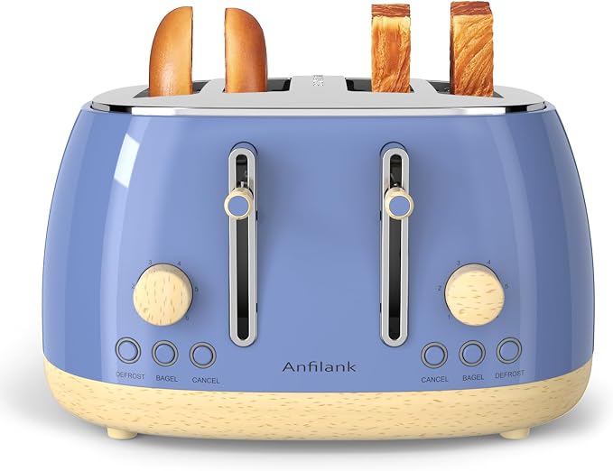 Toaster 4 Slice,Retro Stainless Steel Toaster with Extra Wide Slots Cancel, Bagel, Defrost Function, Dual Independent Control Panel, Removable Crumb Tray and High Lift Lever (Sapphire Blue)