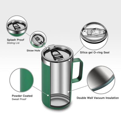 KXIAOCHEN 20oz Insulated Coffee Mug with Lid, Stainless Steel Coffee Cup, Double Wall Vacuum Coffee Tumbler with Handle, Premium Thermal Travel Coffee Mug (Emerald)