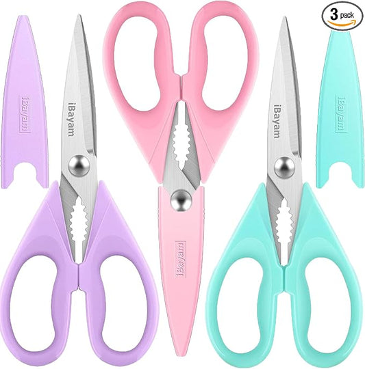 iBayam Kitchen Shears, Stainless Steel Scissors with Blade Cover, 3 Pack, Purple, Pink, Teal