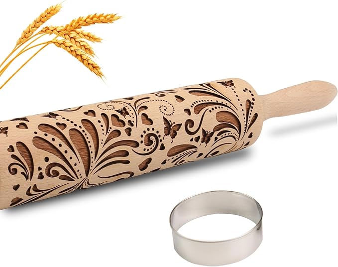 Embossed Rolling Pin for Baking Cookies Embossing Rolling Pins with Design Wooden Engraved Springerle Roller Pin Dough Christmas Patterned Clay Pottery Ceramic Bakers Women (Floral Butterfly Flower)