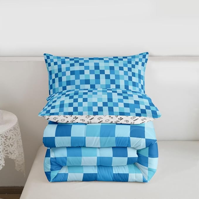 Manfei Pixelated Miners Theme Comforter Set Queen Size,Geometric Check Video Games Duvet Insert Adults Bedroom Decor,Gamepad Camo Grid Bedding Set,Blue Ultra Soft Microfiber Inner Fill 3Pcs Bedding