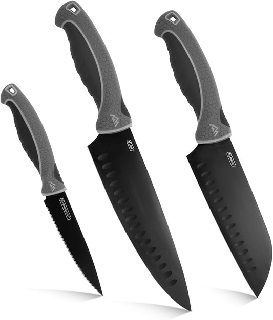 OUTDOOR EDGE ErgoMax Chef Selection Knife Set - Includes Chef, Santoku & Kitchen Serrated Utility Knife, Great for Cooking, Meal Prep & Home Kitchens
