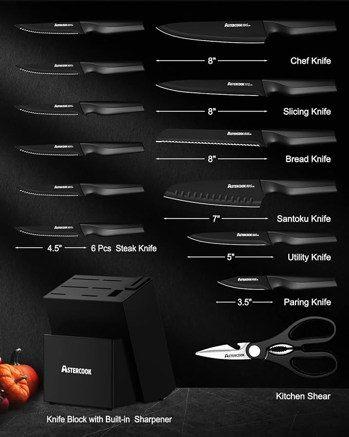 Astercook Knife Set, Kitchen Knife Set with Built-in Sharpener Block, Dishwasher Safe, 15 Pieces German Stainless Steel Knife Block Set, Black Perfect Kitchen Fathers Day Gift for Men