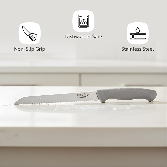 Restaurantware Comfy Grip 8 Inch Bread Knife 1 Sharp Serrated Knife - Ergonomic Handle Non-Slip Grip Gray Stainless Steel Bread Cutting Knife Dishwashable Slice All Types Of Bread